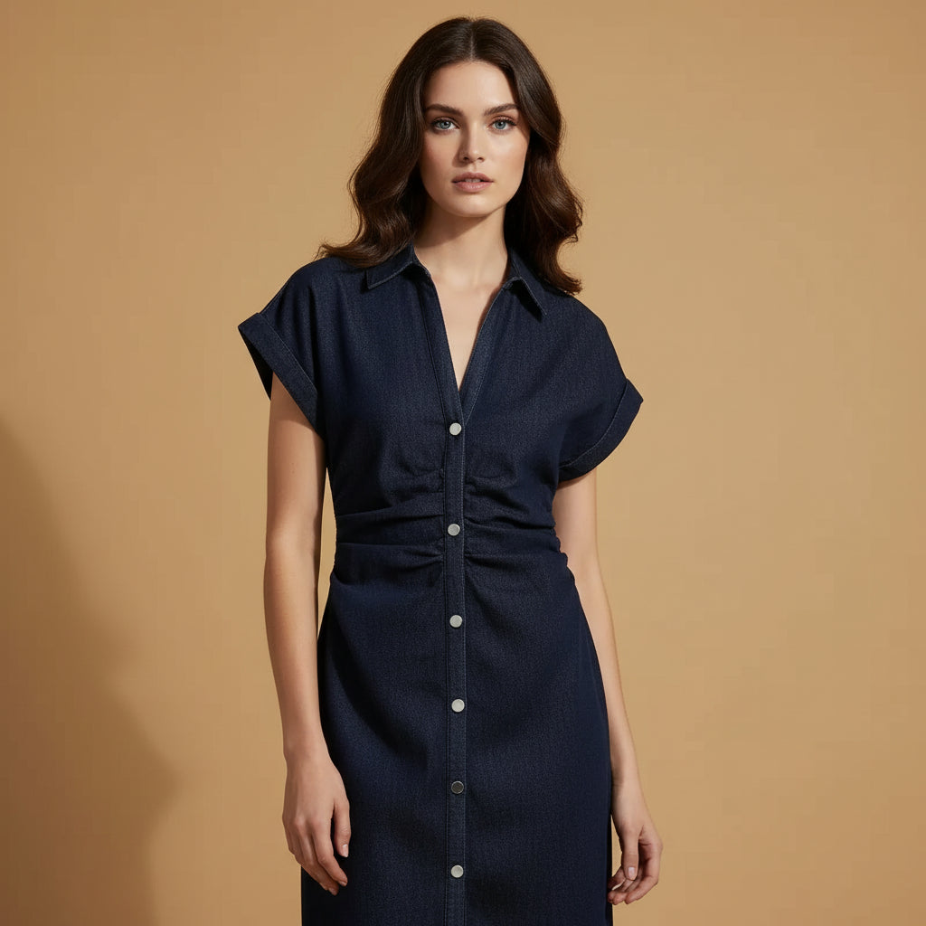 Vestido longo de botão -Midi Denim Série 1975-